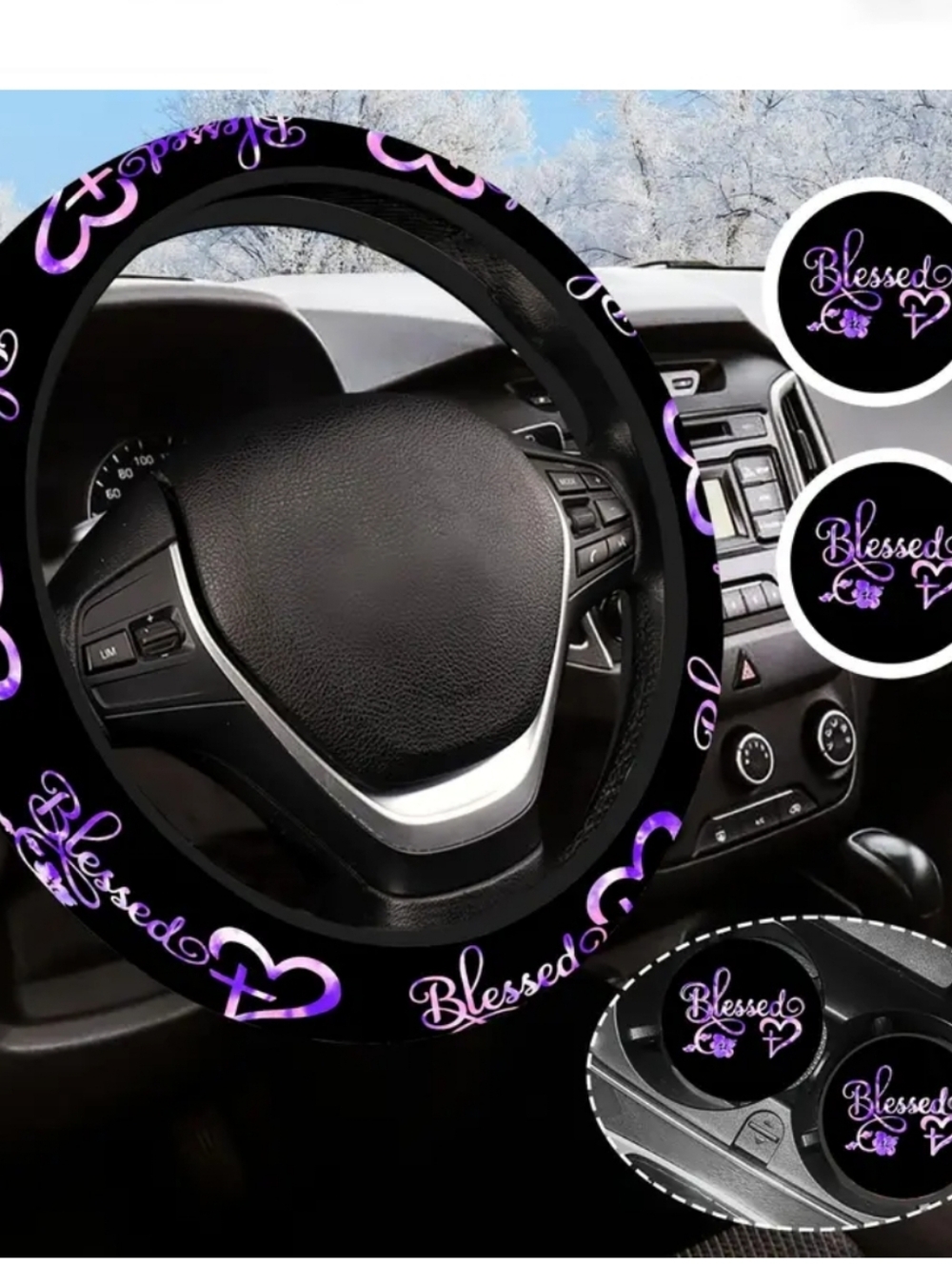 3 Pc Blessed Car Set – Steering Wheel Cover & Cup Holder Coasters NWOT - Picture 3 of 3